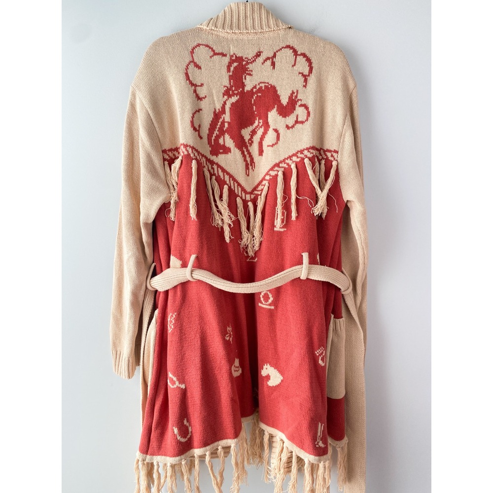 Idyllwind Womens Cardigan XL Tan Red Western Bronco Fringe Cowgirl Belted Boho - Picture 6 of 11